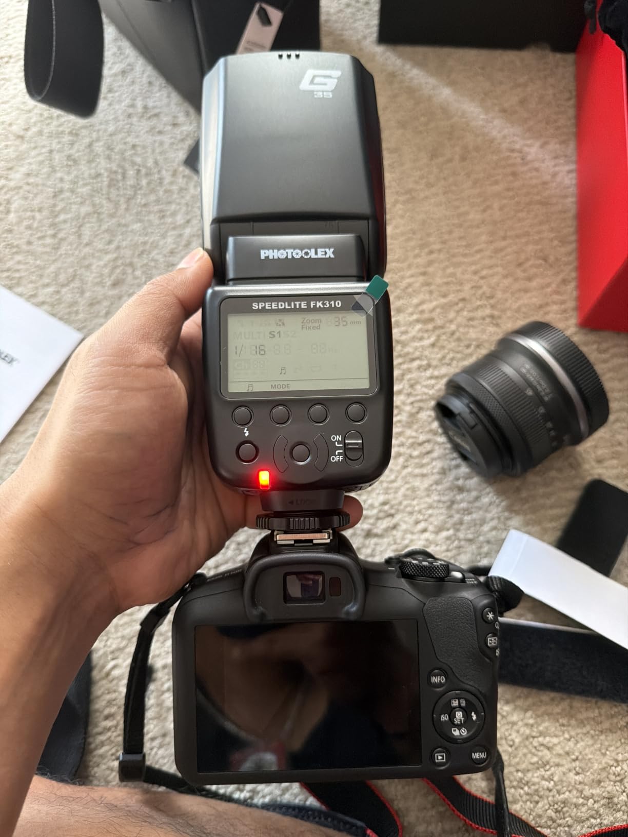 PHOTOOLEX Camera Flash Speedlite FK310, GN33 LCD Display, Manual S1/S2 | Universal single-contact hot shoe for Canon Nikon Sony Fujifilm Olympus, 8-level power, Metal mount customer photo 2