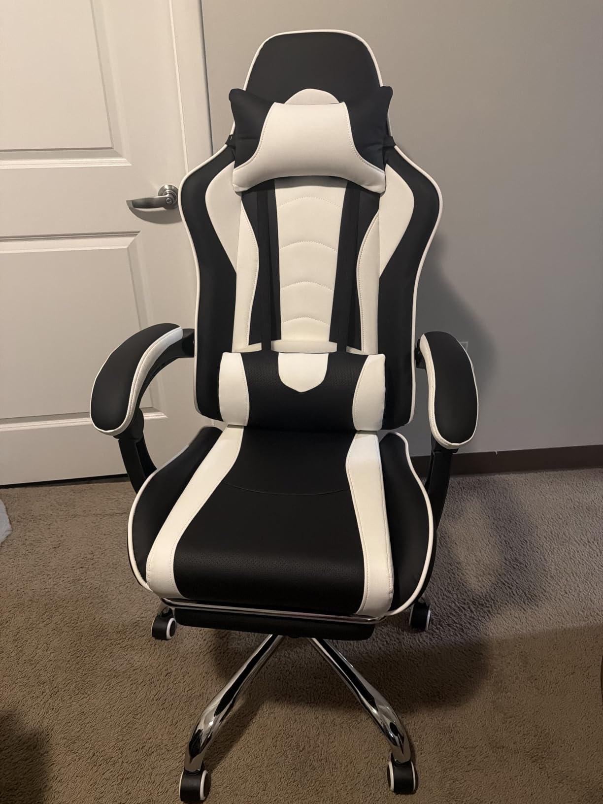 Yaheetech Gaming Chair with Footrest Massage Lumbar Pillow Black and White, Foam-padded PU leather racing seat and plush headrest recline with a slide-out footrest; metal frame supports up to 300 lb. customer photo 2