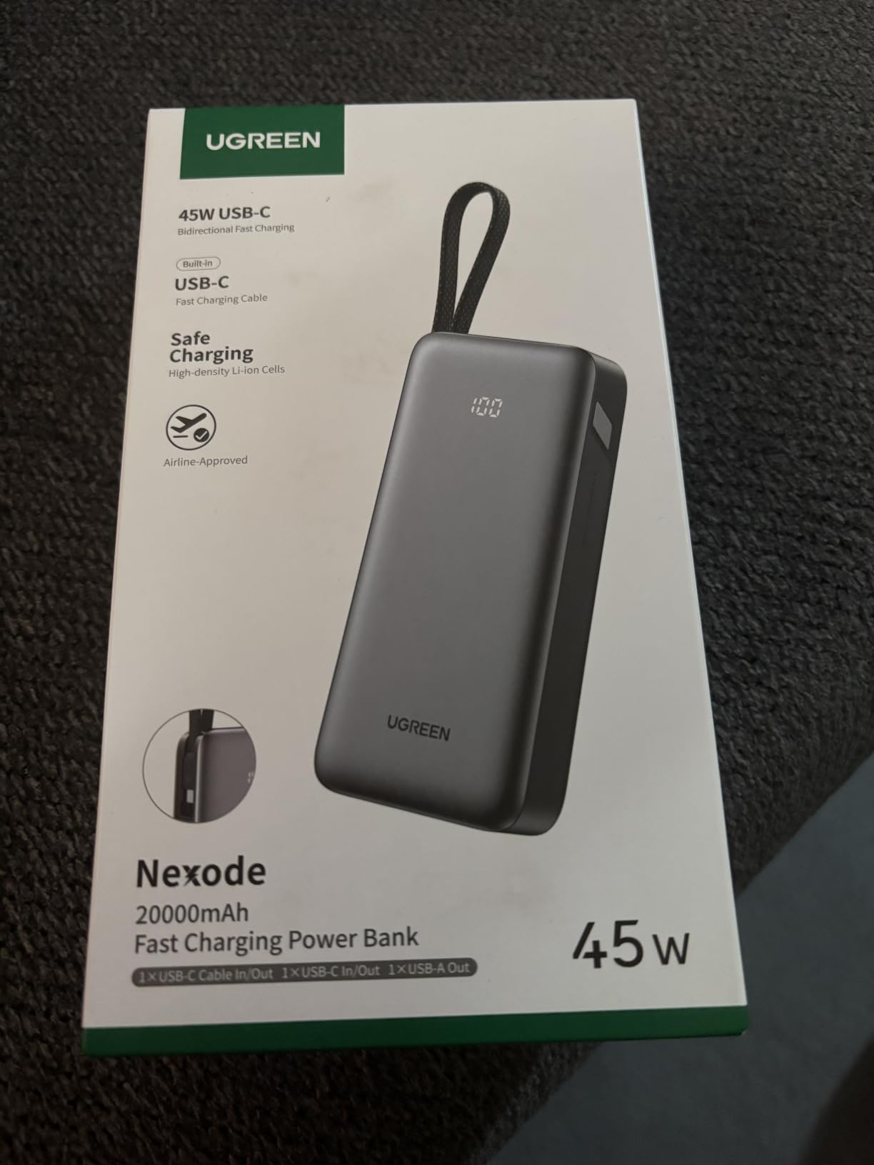UGREEN Nexode 20000mAh 45W Power Bank, Built-in Cable for iPhone 17 Pro | Built-in USB-C cable, digital display, 3-port. Fast charges for iPhone 17 Pro, S26 Ultra, iPad Pro customer photo 2