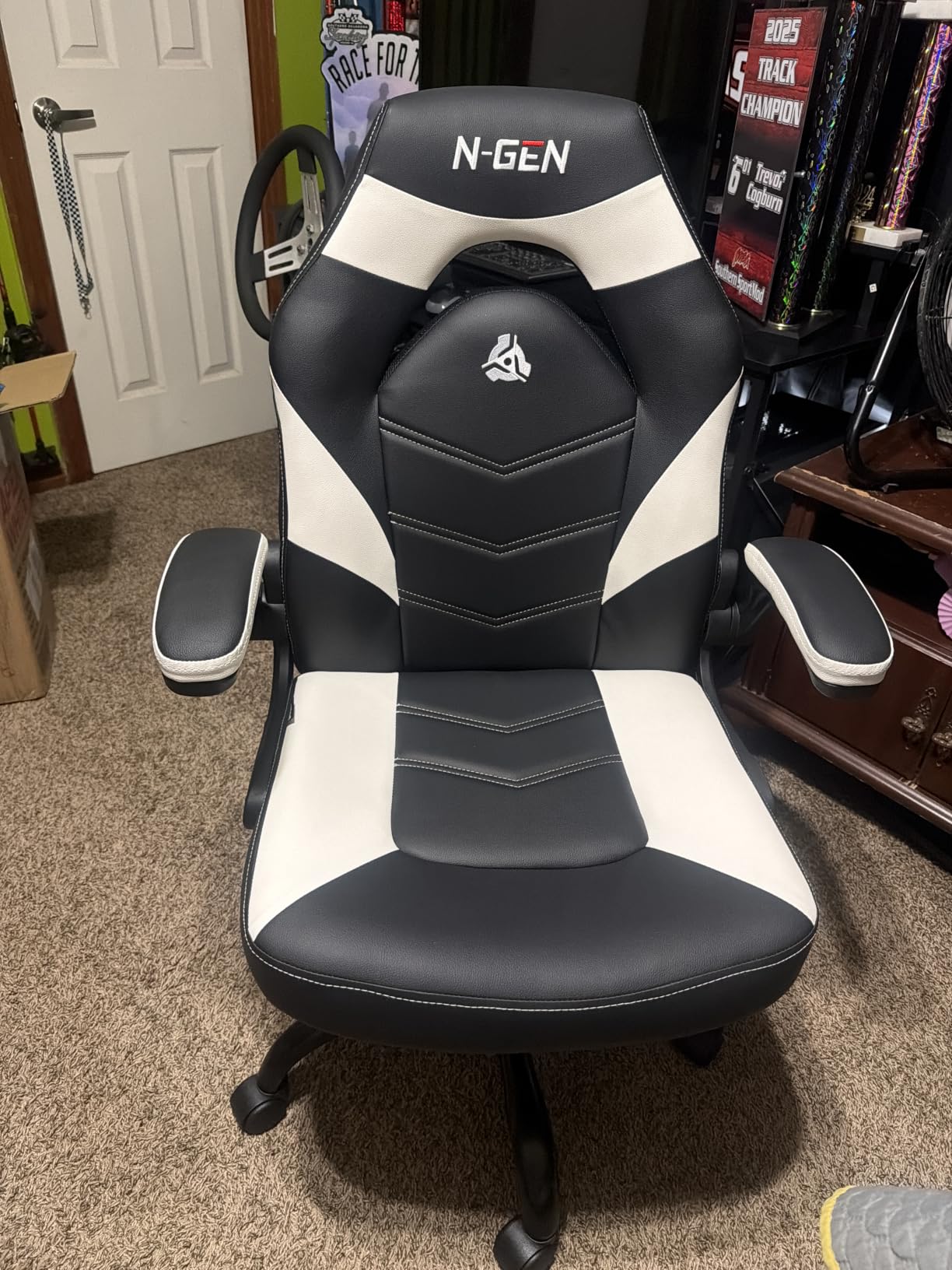 N-GEN Gaming Gaming Chair, Lumbar, PU Leather, Flip-Up Arms, Jet Black, Ergonomic High-Back Design, Adjustable Height with 360° Swivel Wheels, Comfortable Computer Desk Seating for Office and Home customer photo 1
