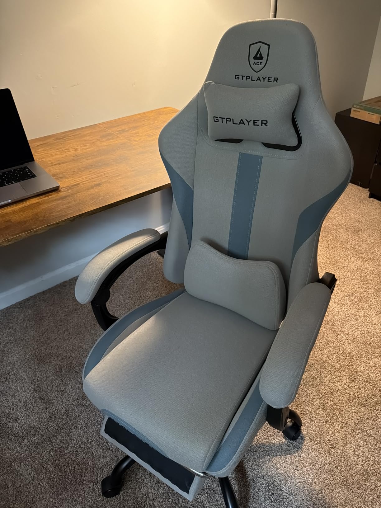 GTPLAYER Gaming Chair with Foot Rest & Pocket Spring Cushion, Ergonomic High Back Computer Desk Chair with Headrest & Lumbar Support for Back Pain Relief, Breathable Fabric, Mist-Blue customer photo 1