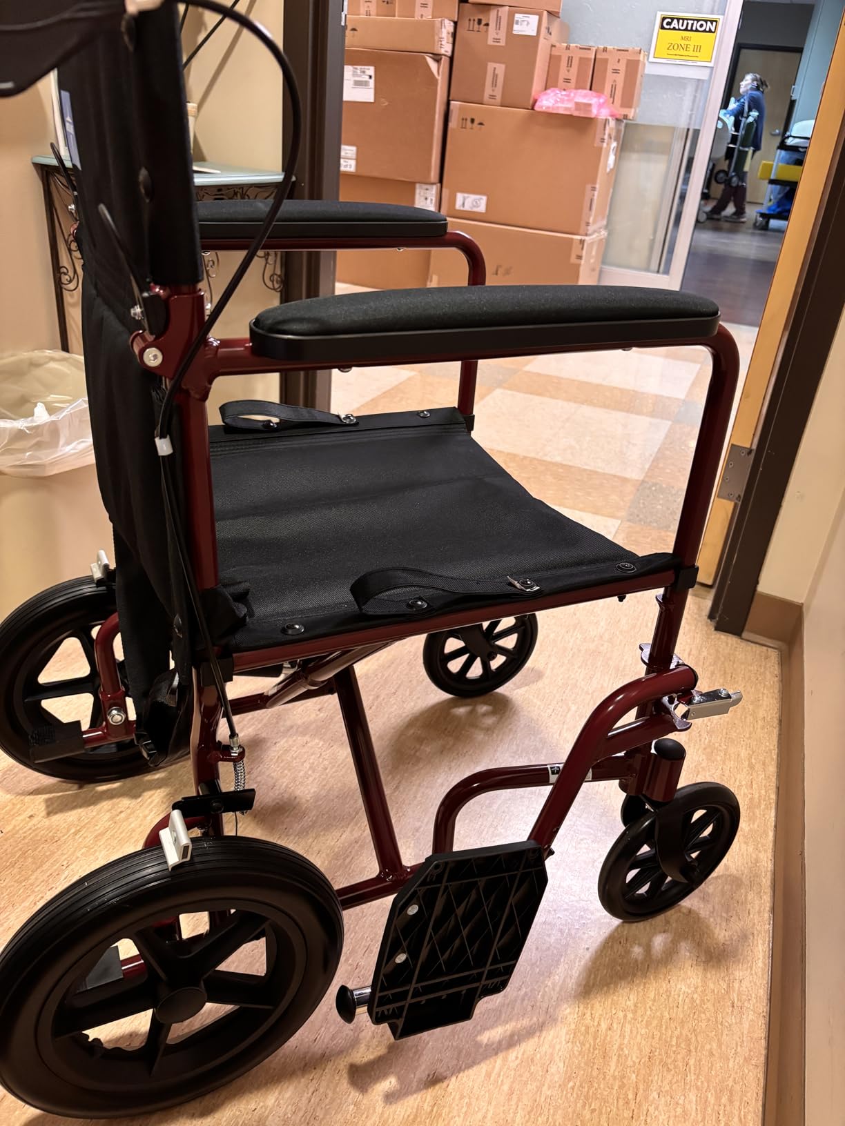 Medline Lightweight Foldable Transport Wheelchair with Handbrakes and 12-Inch Wheels, Blue Frame, Black Upholstery customer photo 1