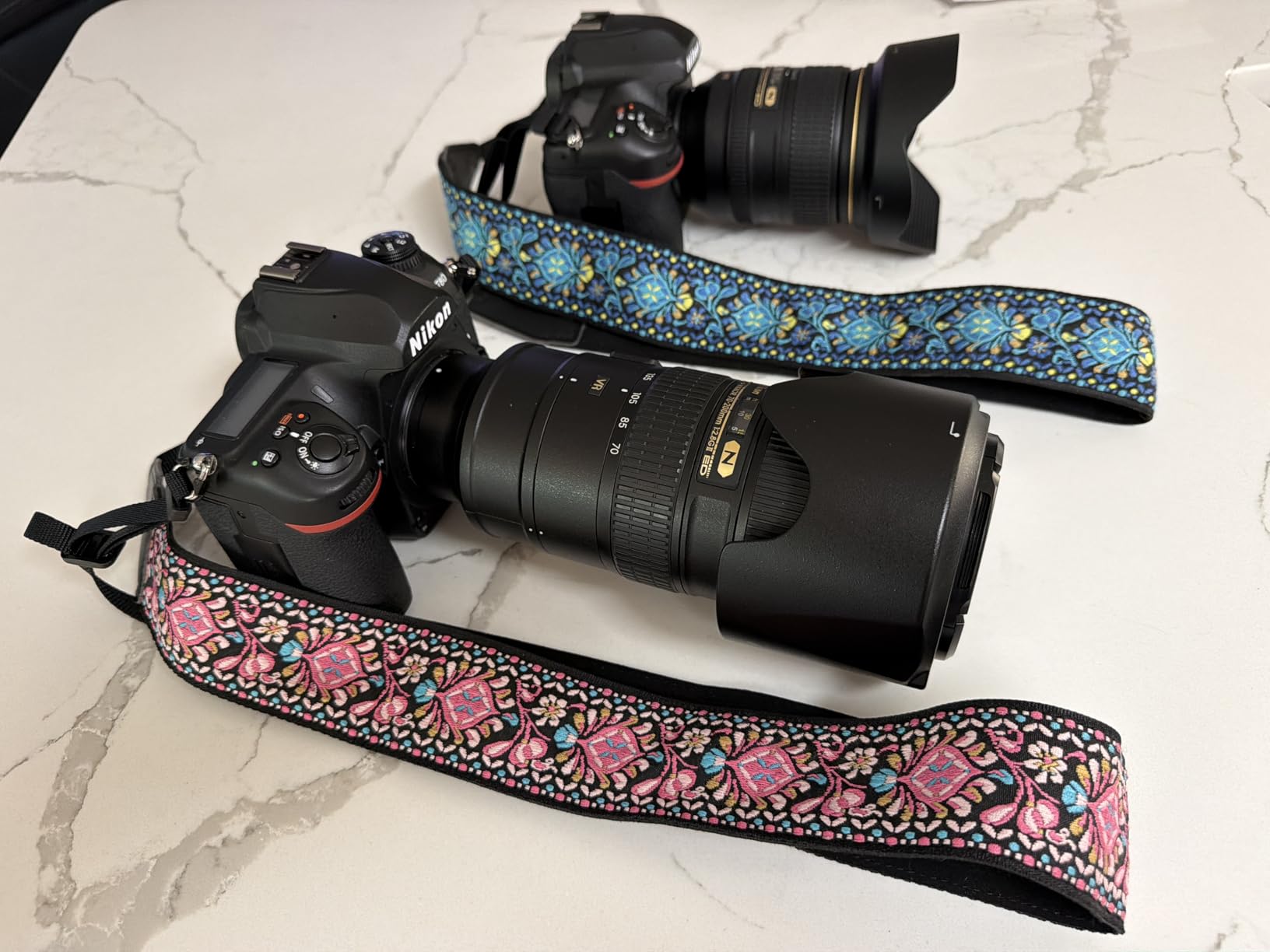 Camera Strap - Shoulder, Crossbody & Neck Camera Strap for Photographers, Fits All Cameras, Canon Nikon Sony Fujifilm, Padded Strap W/ Quick Release, Embroidered Cotton & Leather Ends, Blue customer photo 2