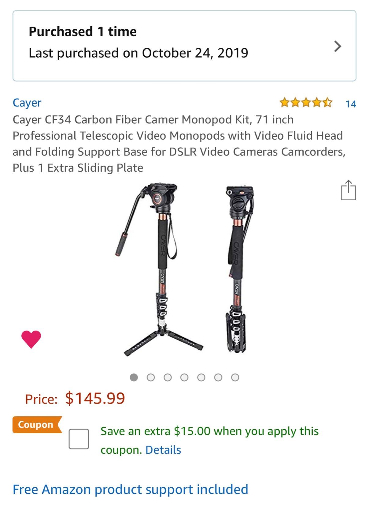 Cayer CF34 Carbon Fiber Monopod, 72