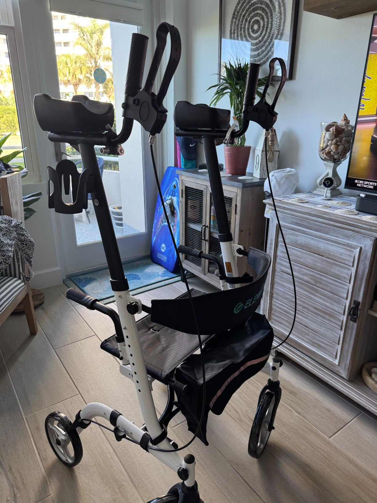 ELENKER Upright Walker, Stand Up Folding Rollator Walker Back Erect Rolling Mobility Walking Aid with Seat, Padded Armrests for Seniors and Adults, White customer photo 2
