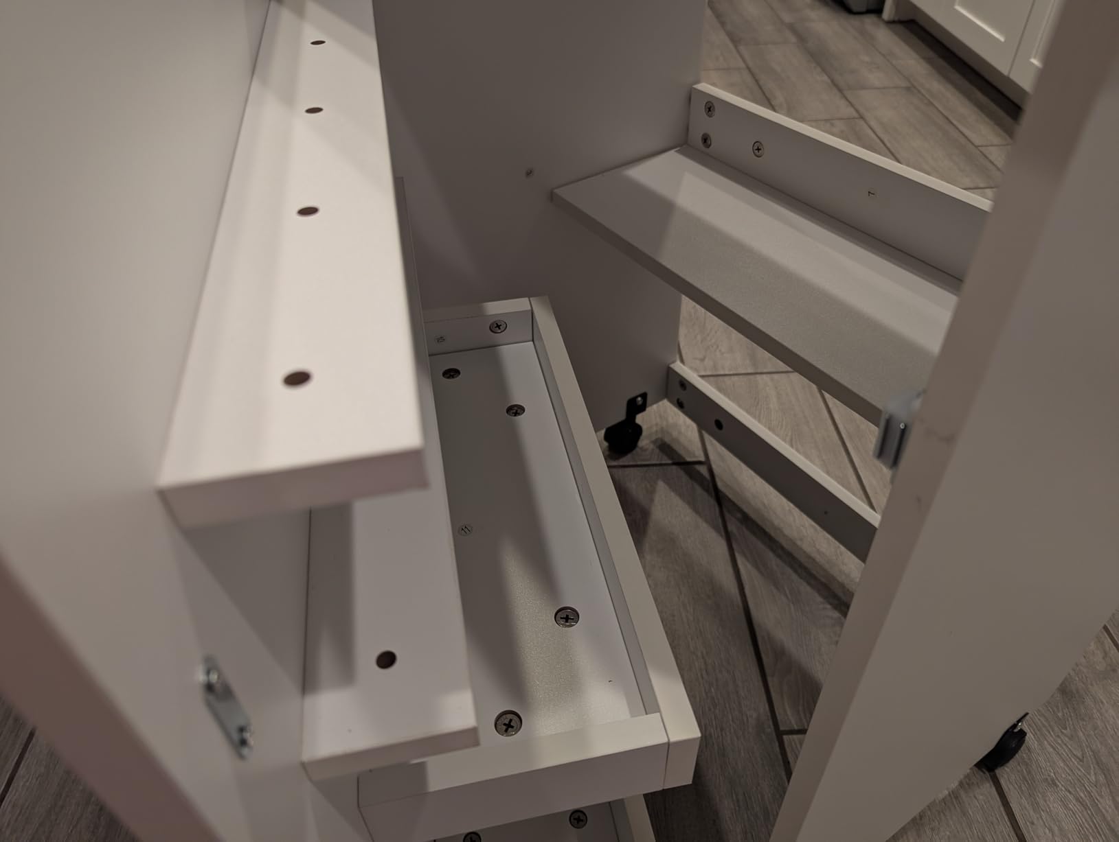Folding Sewing Table, Multipurpose Sewing Machine Table with Compact Design, Wheels, Shelves, Bins, Pegs, Magnetic Locks (White) customer photo 1