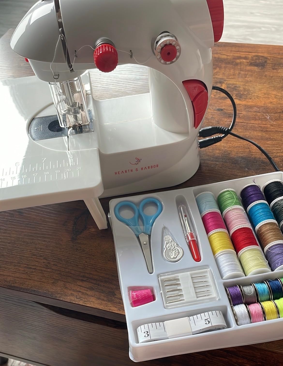 Hearth & Harbor Mini Sewing Machine for Beginners, Dual Speed Small Portable Sewing Machine for Kids and Adults with Extension Table, 48 Piece Gift Set Includes, Pedal, Projects Book and More, Red customer photo 2