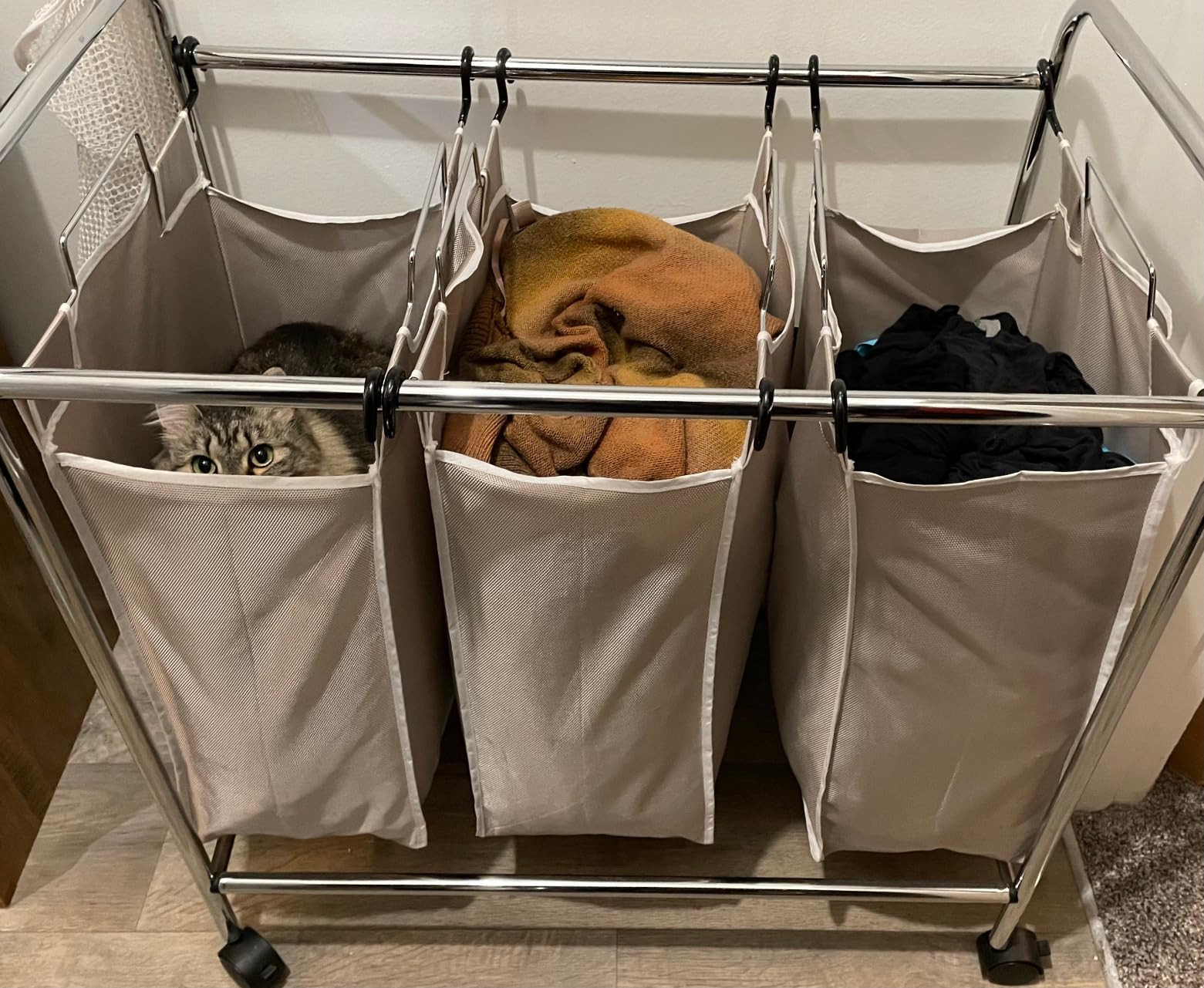 Amazon Basics 3-Bag Laundry Sorter with Removable Bags, Metal Frame, Washable, Locking Wheels, Gray customer photo 2