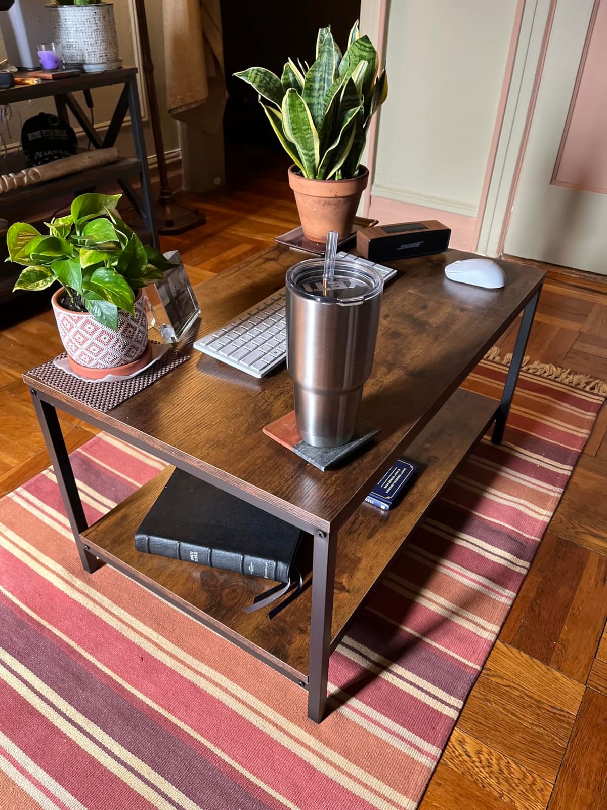 SUPER DEAL 2-Tier Industrial Coffee Table with Storage Shelf for Small Apartment Living Room, Rectangle Wood and Stable Metal TV Stand Side End Table, Rustic Brown customer photo 2