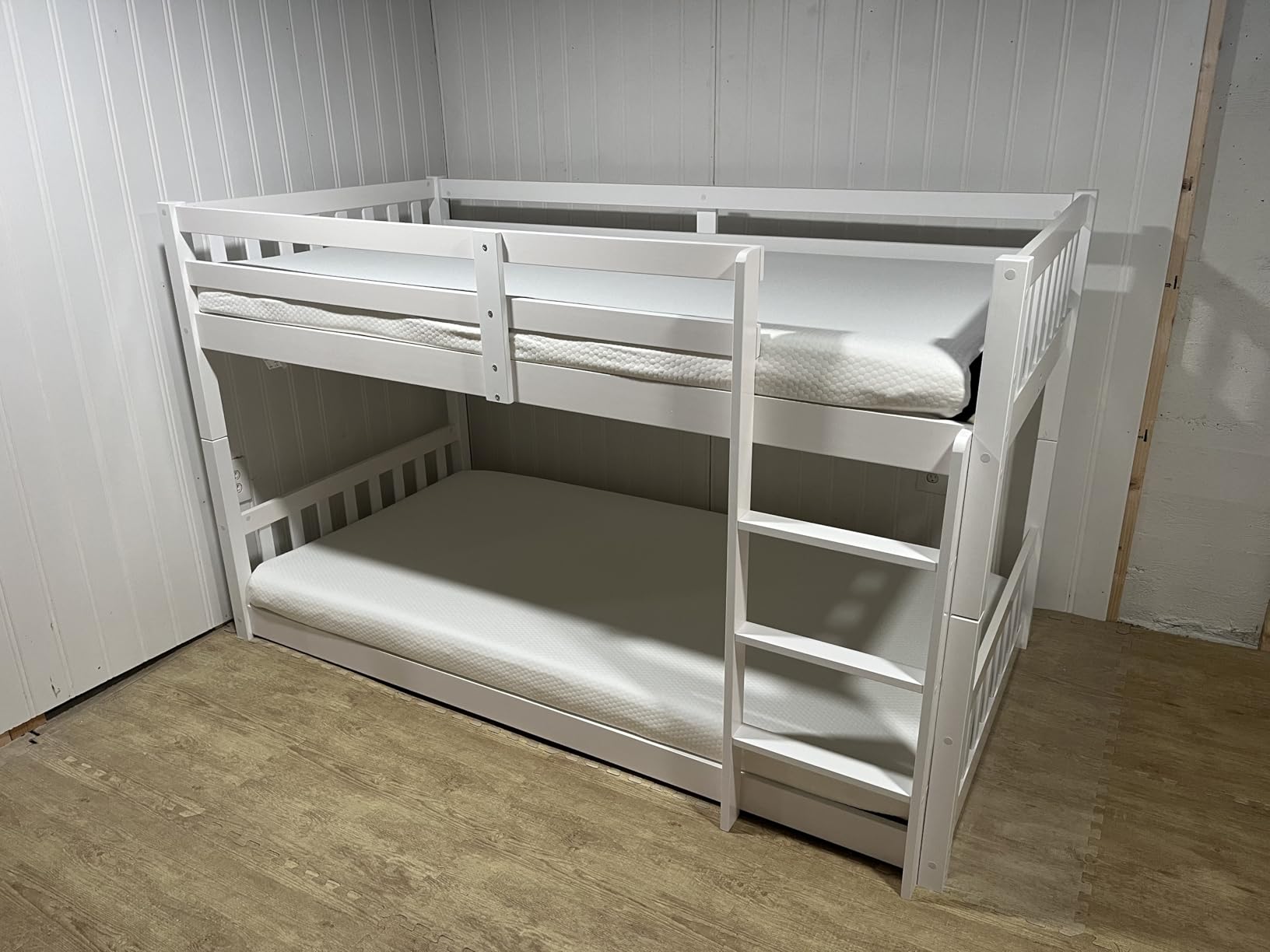 JOYMOR Solid Wood Low Twin Over Twin Bunk Bed for Kids/Junior, Bunk Bed Frame with Guardrails & Ladder for Boys Girls, No Box Spring Needed (White) customer photo 1