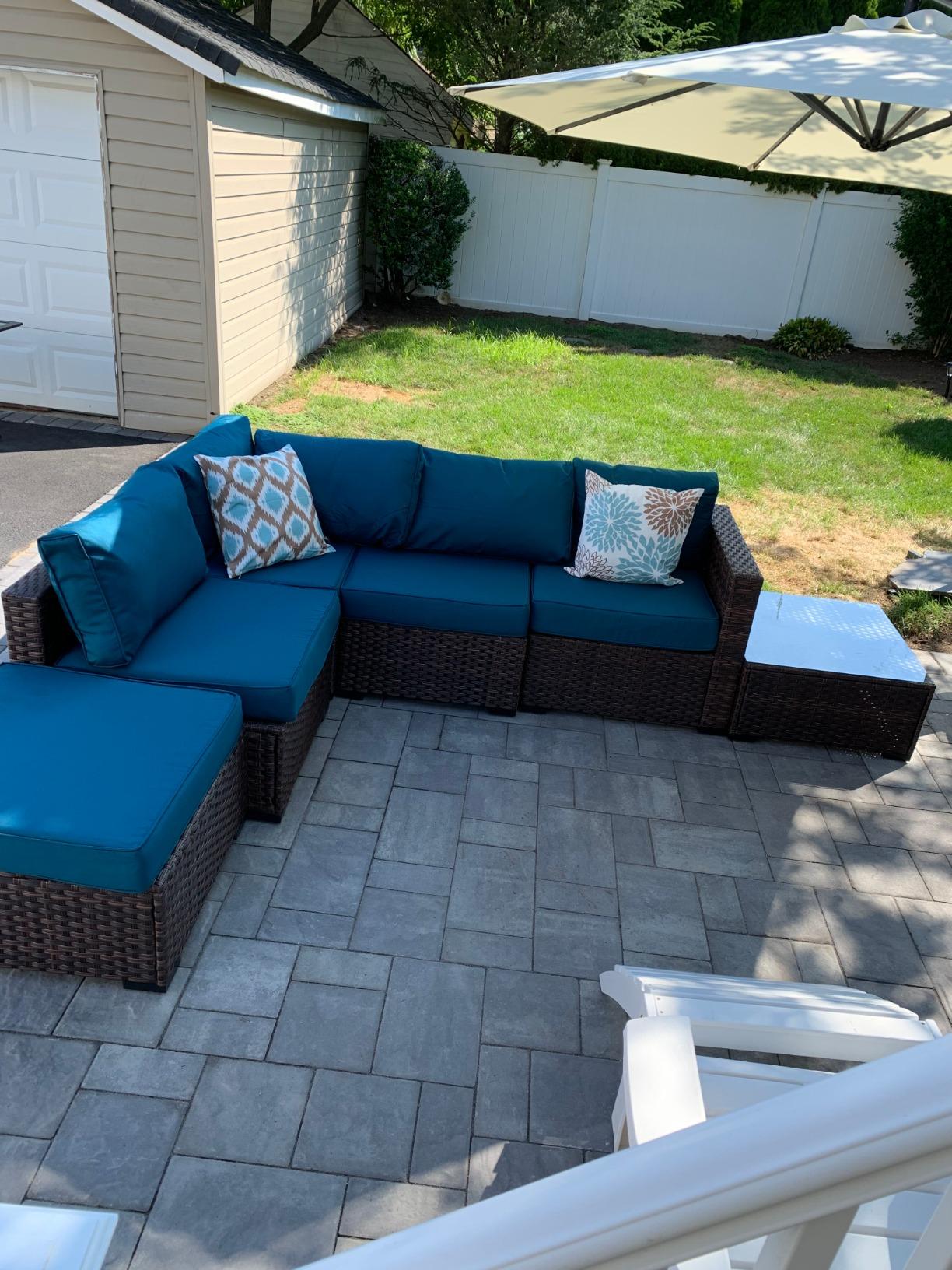 WAROOM Outdoor Patio Furniture Set 7 Pieces Wicker Sectional Sofa Brown Rattan Conversation Couch with Coffee Table, Anti-Slip Thick Nave Blue Cushion customer photo 2