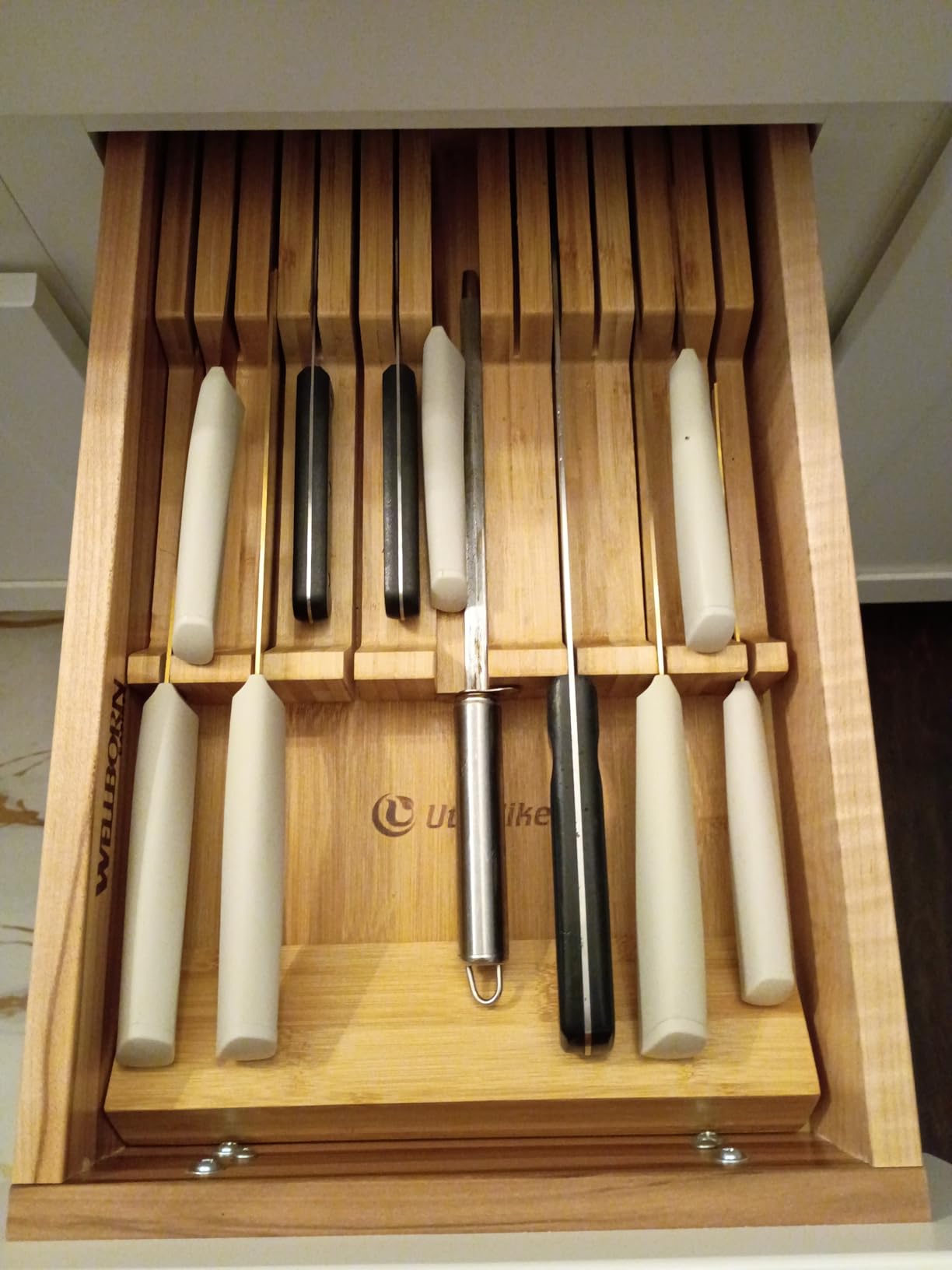 VaeFae Bamboo Knife Drawer Organizer, Knife Drawer Organizer Insert, Kitchen Drawer Knife Block for 12 Knives and a PLUS Slot for your Knife Sharpener (Without Knives) customer photo 1