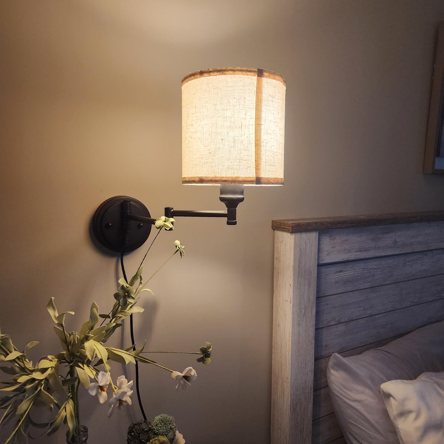 GOODATE ENCOMLI Dimmable Plug in Wall Sconces, Swing Arm Wall Lamp, Wall Sconces Set of Two, Plug in Wall Light, Sconces Wall Decor Set of 2, Linen Fabric Shade, 2pcs Bulbs Included customer photo 2