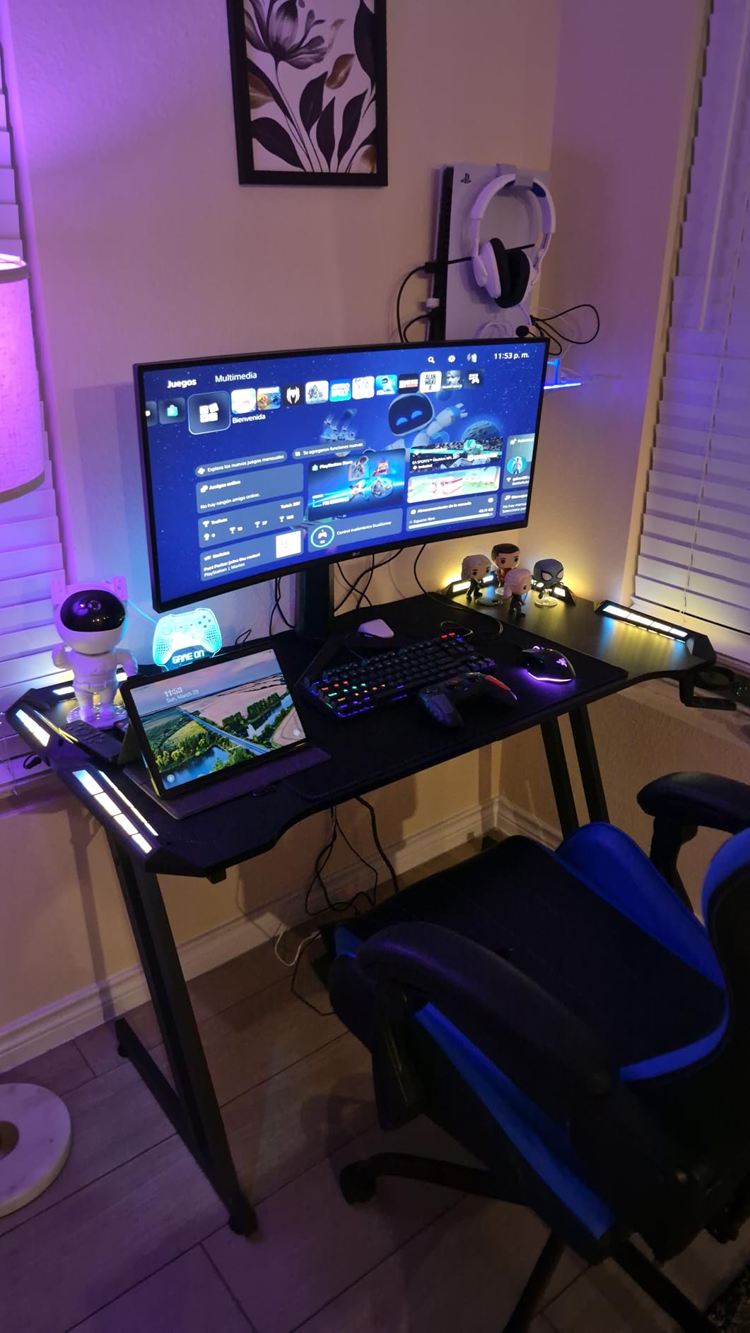 HLDIRECT 55 Inch Gaming Desk Z Shaped Carbon Fiber Computer Desk with LED customer photo 2