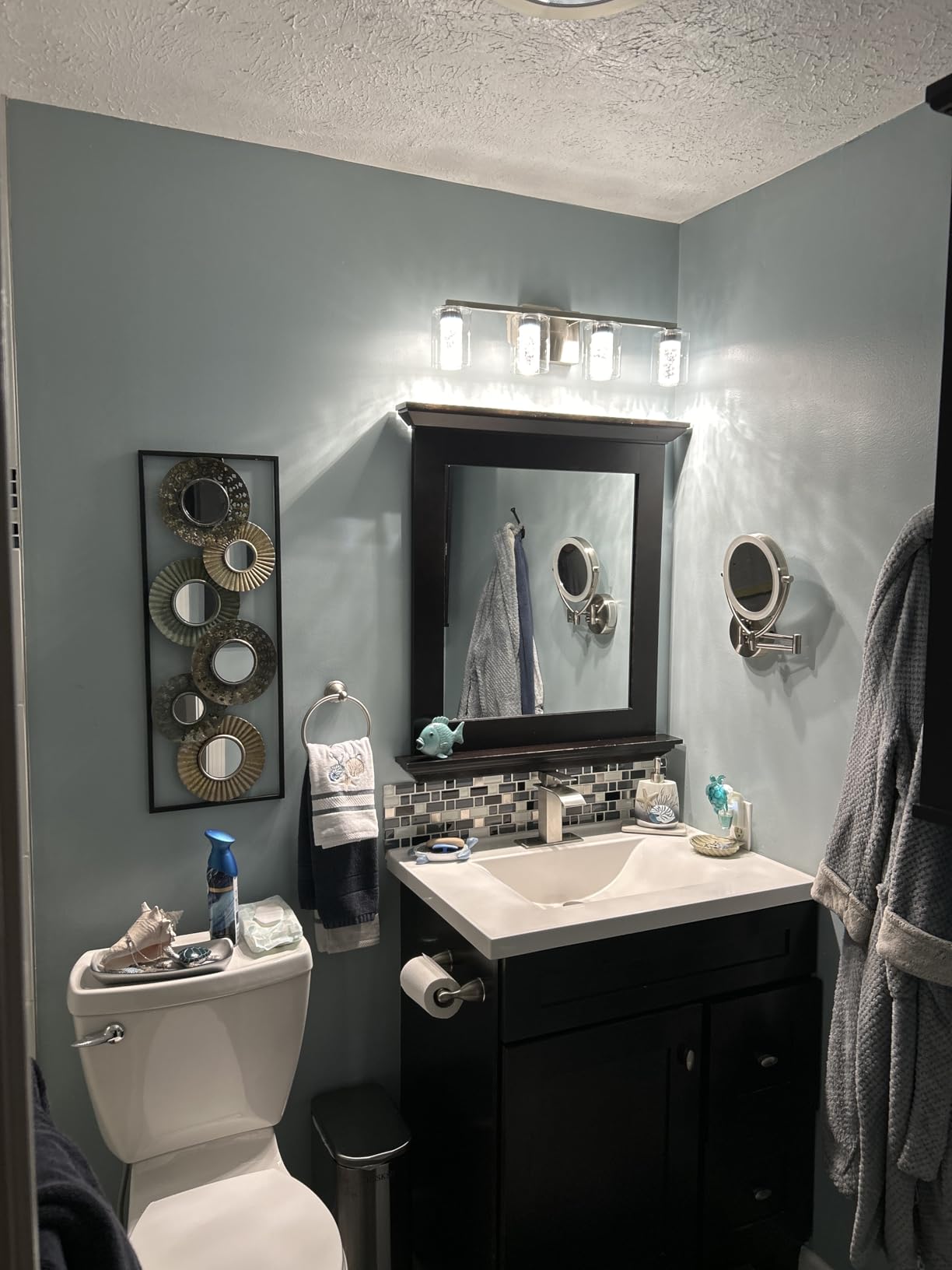SineRise 3-Light Brushed Nickel Vanity Light with 3 Color Modes (3000K/4000K/6000K), Eye Protection LED Bathroom Light Fixture, Dimmable Modern Wall Light Over Mirror with Clear Glass Shade customer photo 1