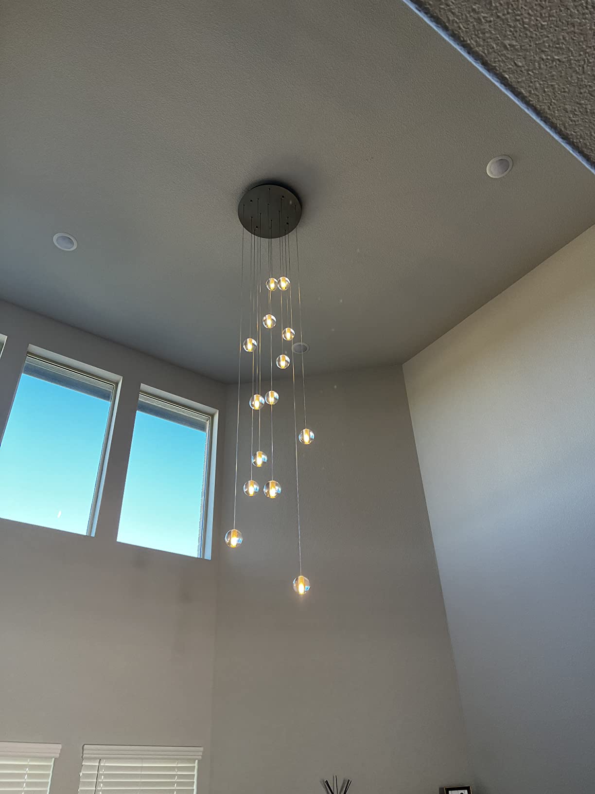 14 Lights Staircase Chandelier for High Ceiling, Dimmable Modern Crystal Raindrop Large Long Hanging Pendant Light for Stairwell Living Room Stair Foyer, Bulbs Included (Gold Canopy) customer photo 1