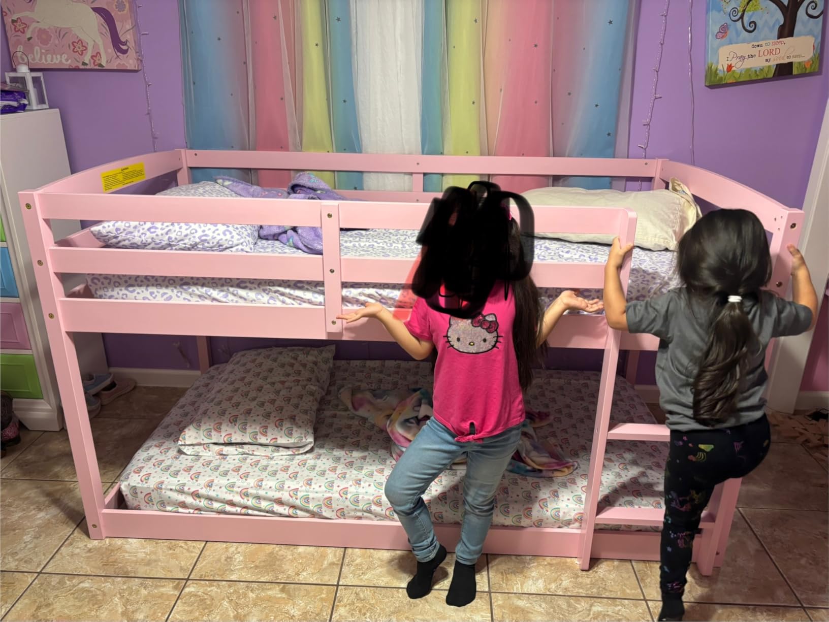 KOMFOTT Low Bunk Bed Twin Over Twin, Solid Wood Bunk Bed Frame with Built-in Ladder & Safety Guardrails, Space-Saving Low Bunk Bed for Kids, Teens, No Box Spring Needed customer photo 2