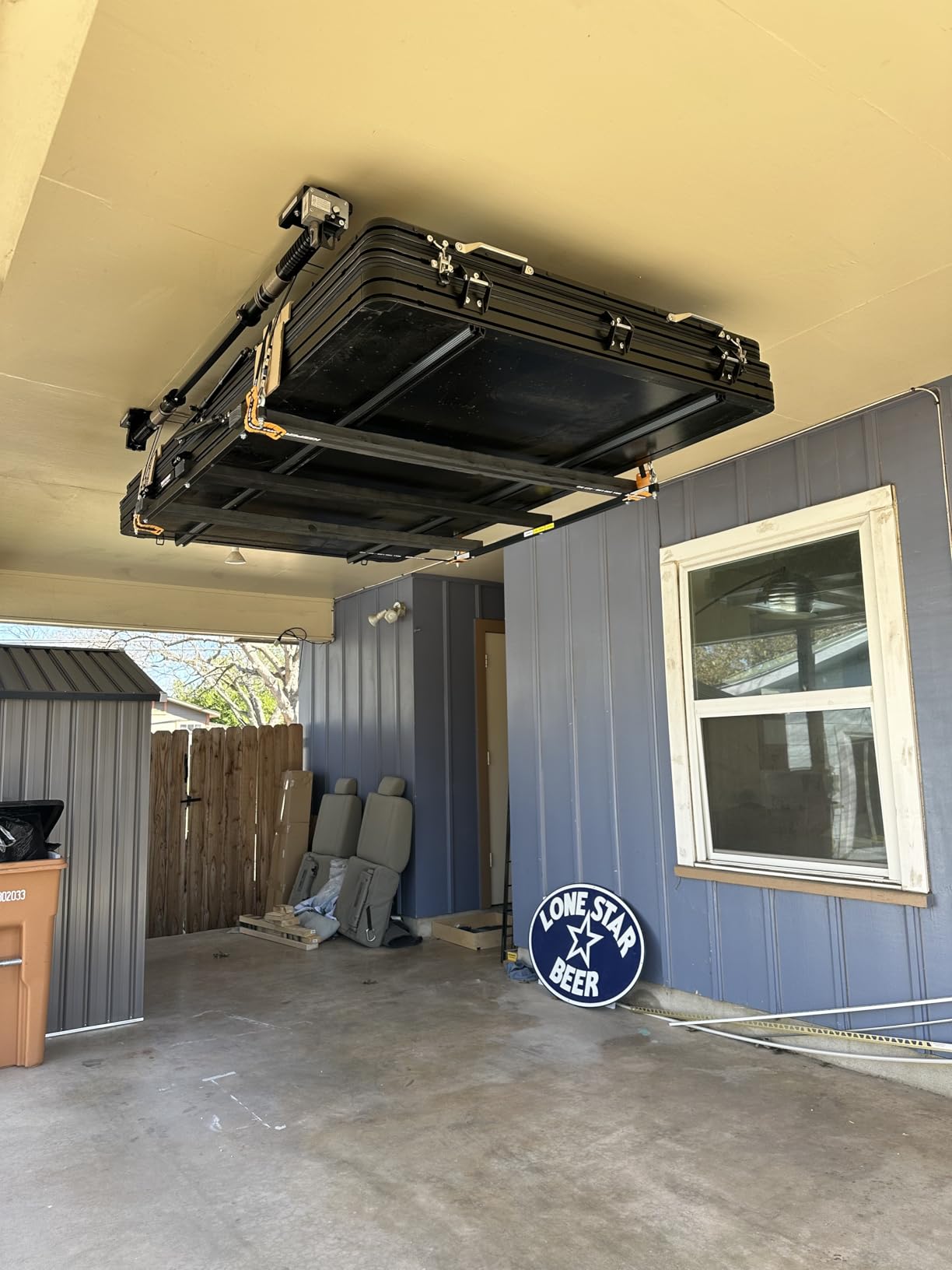 FLEXIMOUNTS GL1 Overhead Garage Lifting Storage Rack, 4x4 Ft Heavy-Duty Metal Garage Ceiling Rack, Adjustable Organization System With 71''L Axle, 350lbs Weight, Black customer photo 1