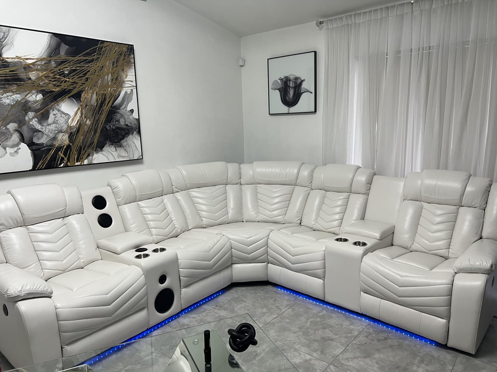 Power Recliner Sectional Sofa Couches with Bass Speakers for Living Room, Faux Leather Reclining Corner Sectionals Sofa Couch Sets with LED Light, Electric Theater Recliners Home,Grey customer photo 2