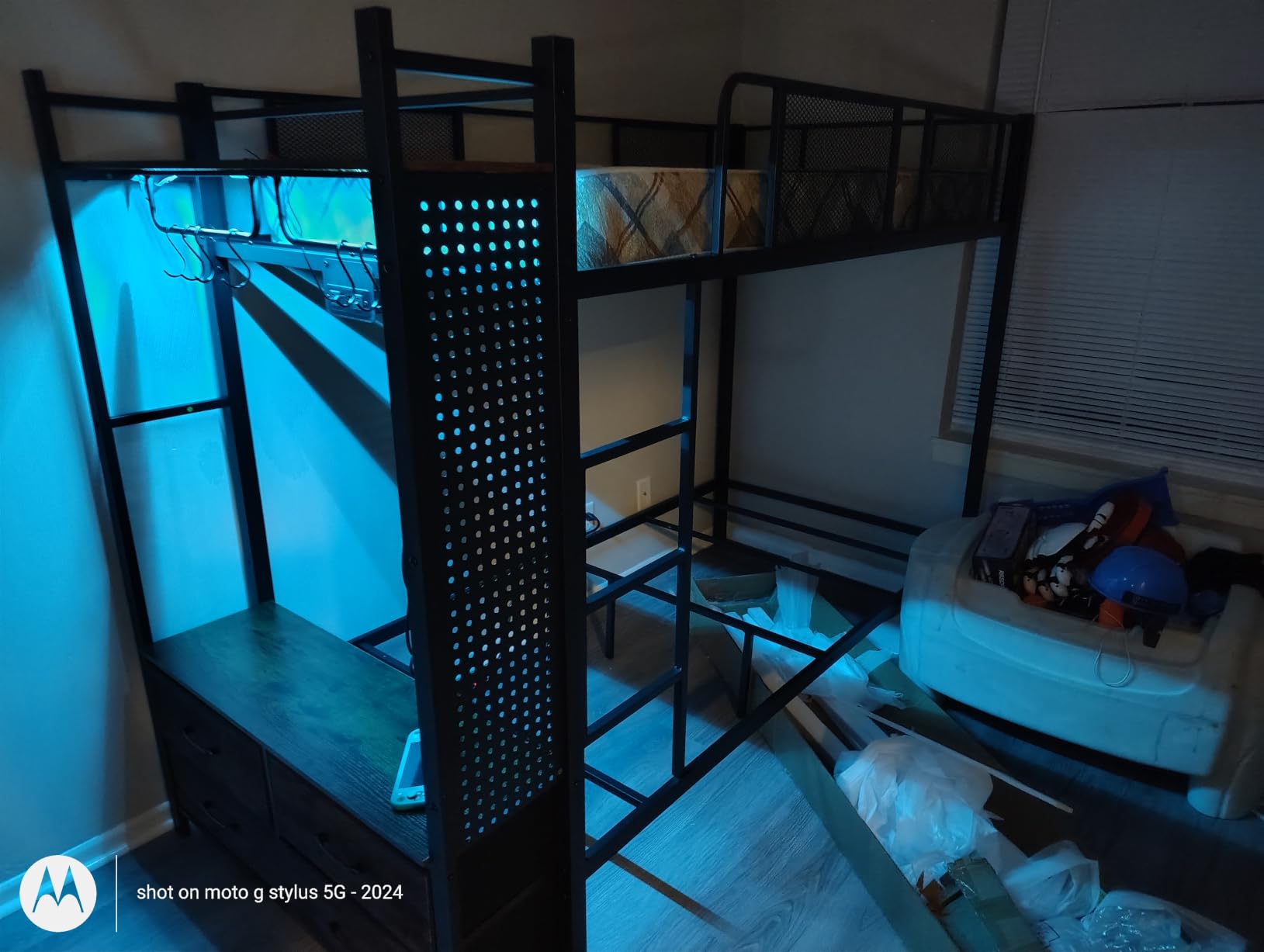 Itaar Metal Bunk Bed Twin Over Twin with Hall Tree, Power Outlet, LED Bunk Bed with 4 Storage Drawers, Bed with Safety Guardrail & Ladders, No Box Spring Needed, Easy Assembly, Rustic Brown customer photo 2