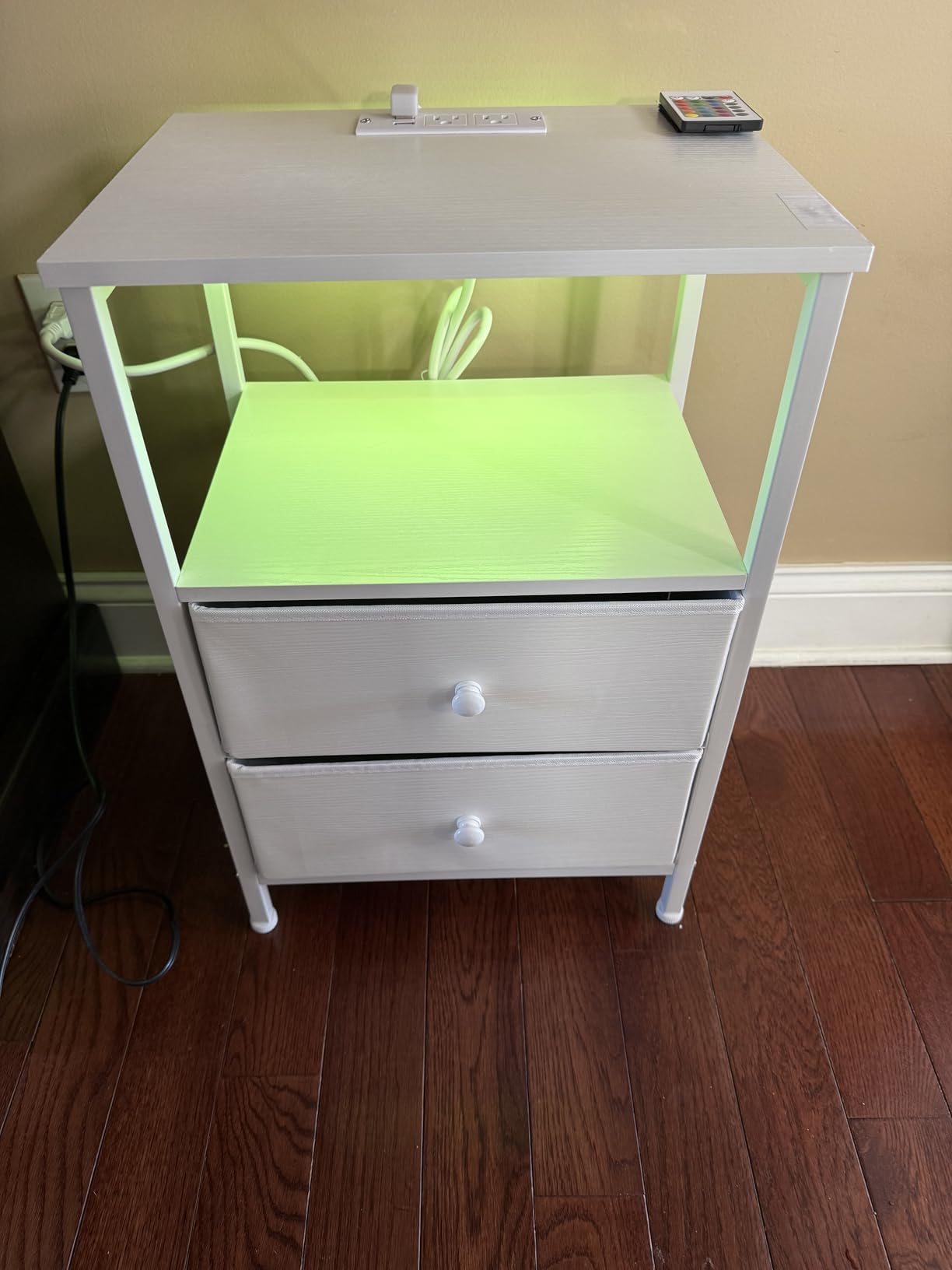 BOLUO White Nightstand with Charging Station, LED Night Stand with 2 Fabric Drawers, Bedside Table with USB Ports and Outlets, Nightstand for Bedroom Modern customer photo 1