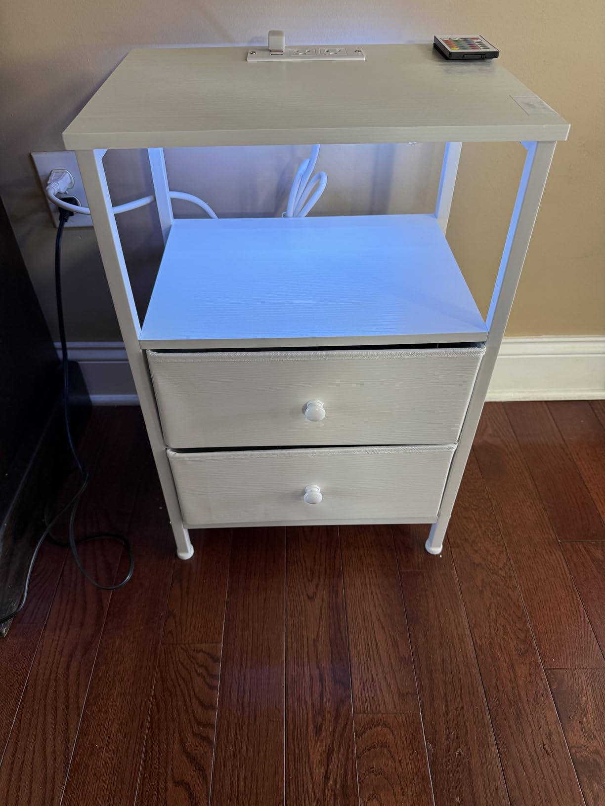 BOLUO White Nightstand with Charging Station, LED Night Stand with 2 Fabric Drawers, Bedside Table with USB Ports and Outlets, Nightstand for Bedroom Modern customer photo 2