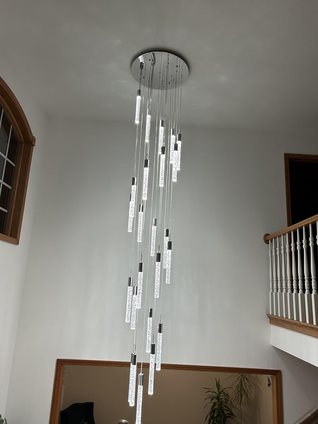 Modern High Ceiling Crystal Chandelier 7-Lights, Chrome Spiral Dimmable LED Raindrop Foyer Pendant Lighting, Bubble Staircase Living Room Hanging Light Fixture Remote Control customer photo 1