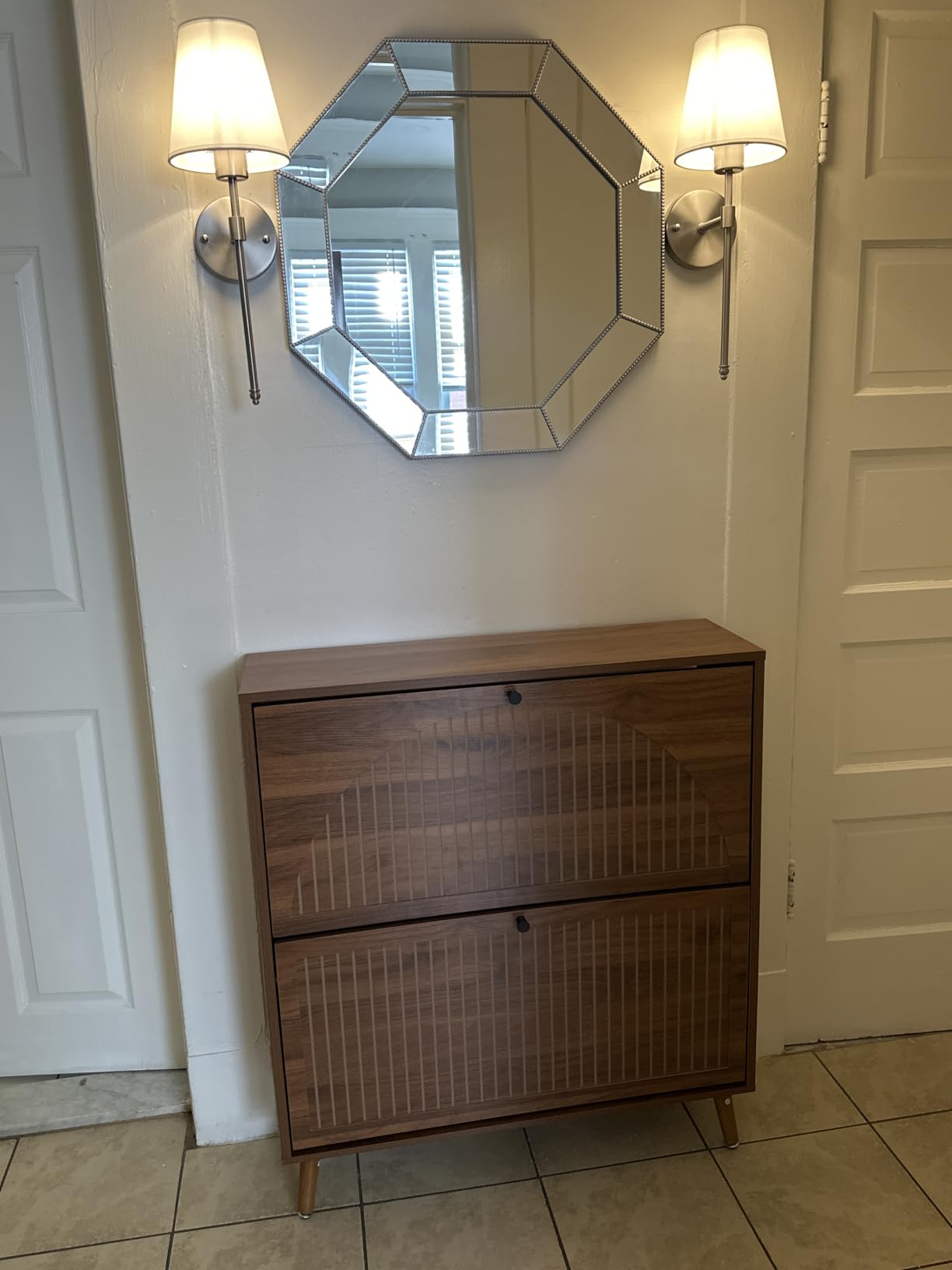 Fsbecl Shoe Cabinet Storage for Entryway with 2 Fluted Flip Drawers, Modern Freestanding Narrow Shoe Organizer with Adjust Shelves, Wooden Hidden Shoe Rack for Foyer, Hallway, Walnut customer photo 1