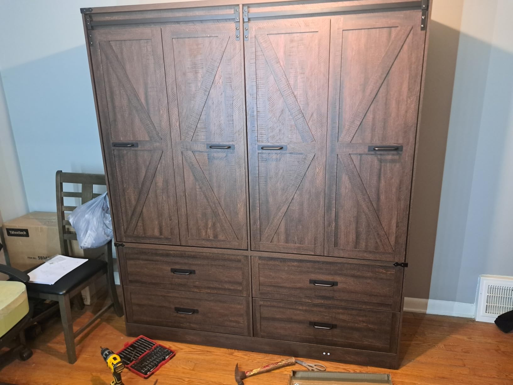 Farmhouse 3 Doors Armoire Wardrobe Closet w/Folding Sliding Barn Door and Lights, LED Armoire Closet w/Drawers for Bedroom, Freestanding Wooden Wardrobe Storage Closets w/Hanging Rod,Rustic Brown customer photo 1