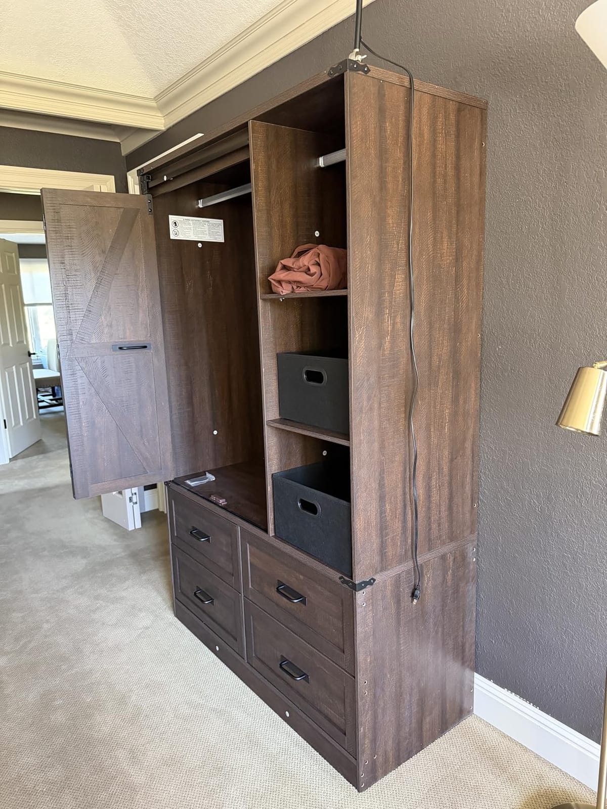 Farmhouse 3 Doors Armoire Wardrobe Closet w/Folding Sliding Barn Door and Lights, LED Armoire Closet w/Drawers for Bedroom, Freestanding Wooden Wardrobe Storage Closets w/Hanging Rod,Rustic Brown customer photo 2