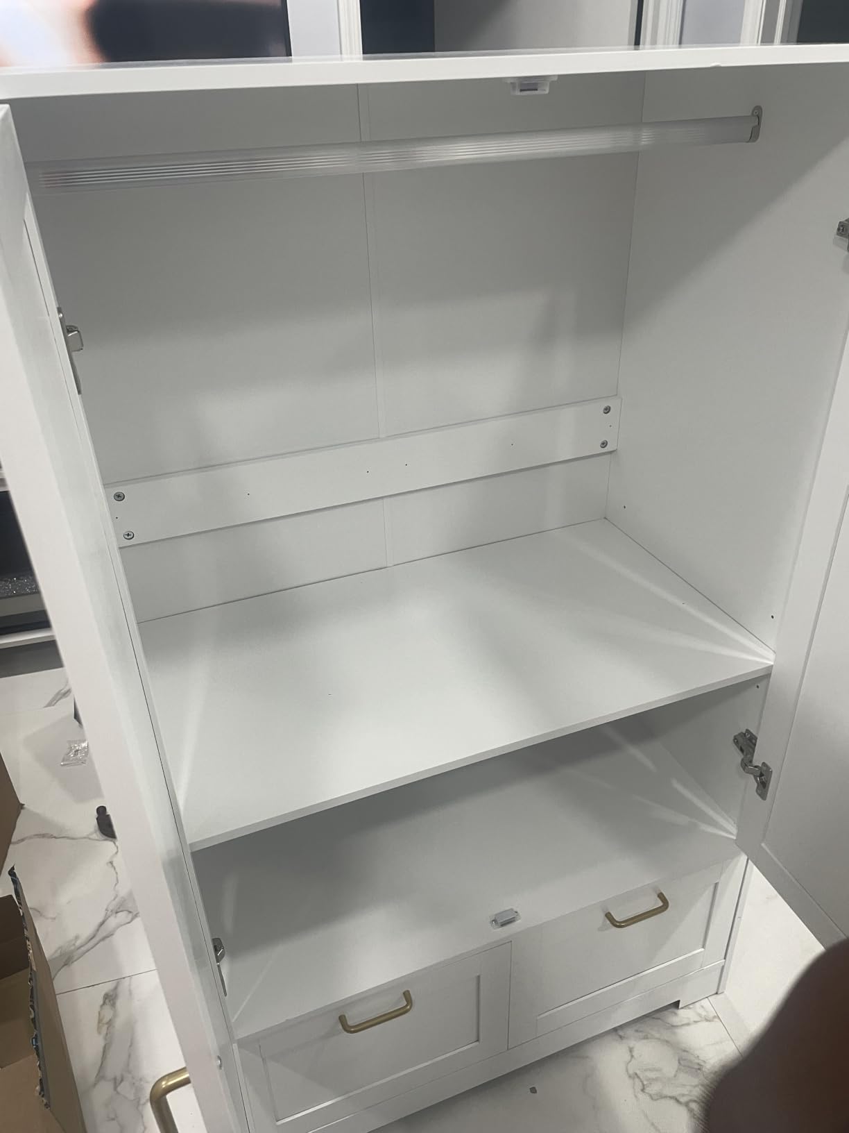 VINGLI Fluted Wardrobe Closet Armoire with Doors And Drawers, White Wardrobe Cabinet with Hanging Rack, Bedroom Closet Wood, Free Standing Armoire with Shelf and Solid Wood Legs, 31.5